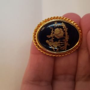LIMOGES VINTAGE COBALT PORCELAIN BROOCH
